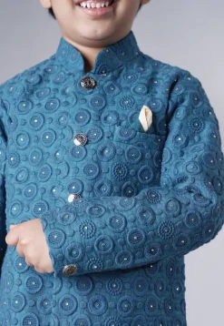 Embroidered Georgette Sherwani Set in Teal Blue