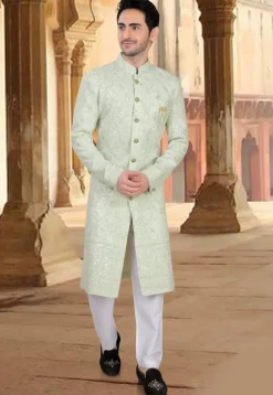 Embroidered Georgette Sherwani in Light Green