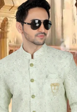 Embroidered Georgette Sherwani in Light Green