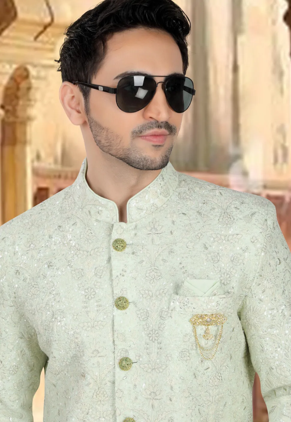 Embroidered Georgette Sherwani in Light Green