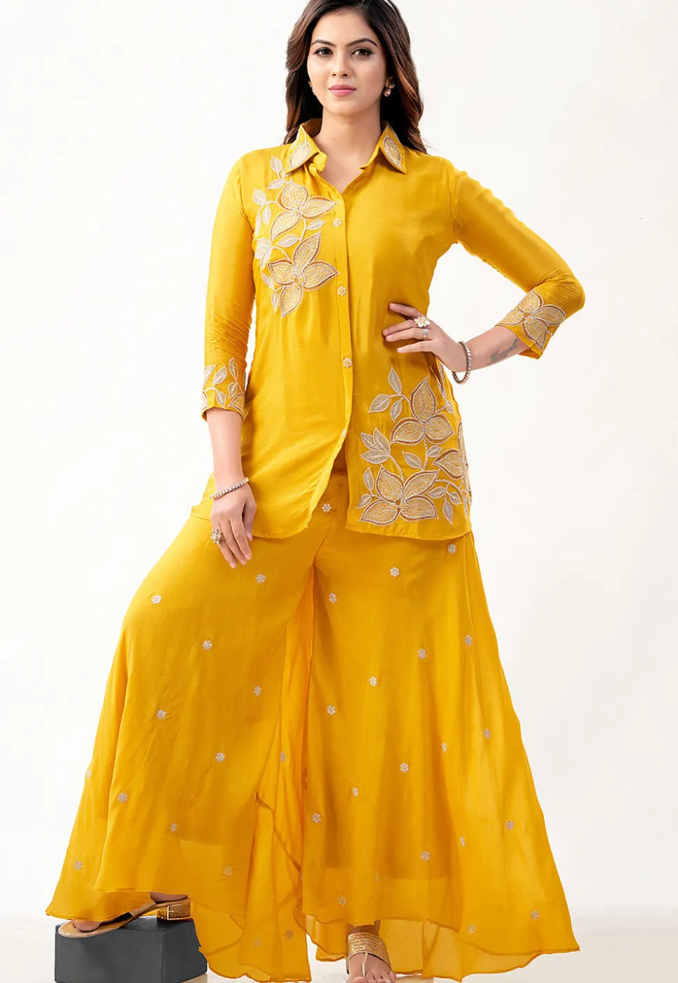Embroidered Georgette Shirt Set in Mustard