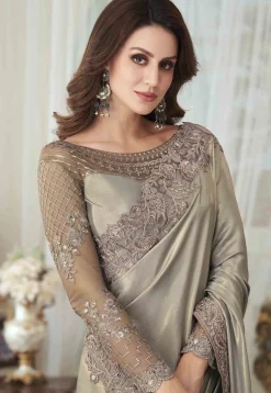 Embroidered Georgette Silk Saree in Light Olive Green
