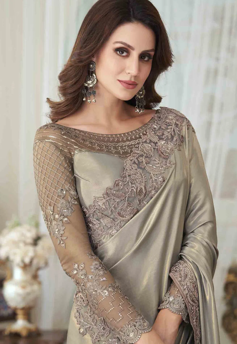 Embroidered Georgette Silk Saree in Light Olive Green