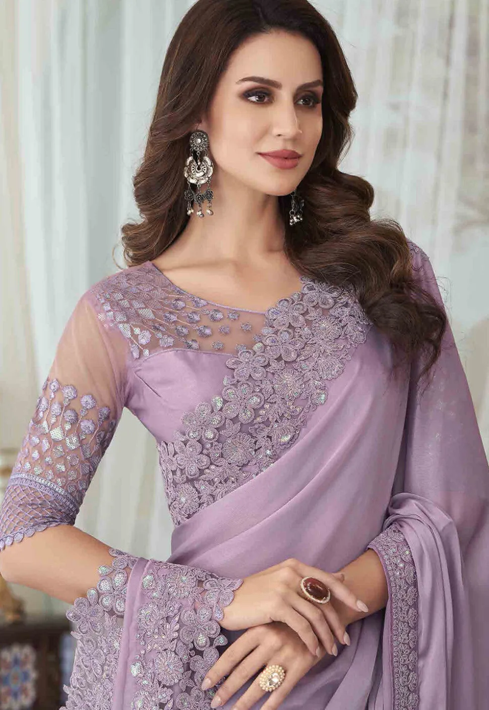 Embroidered Georgette Silk Saree in Light Purple