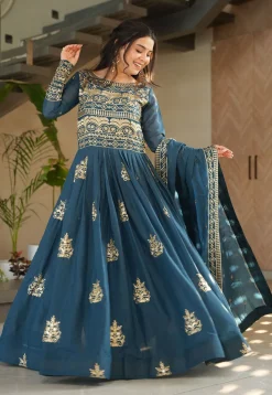 Embroidered Georgette Silk Abaya Style Suit in Teal Blue