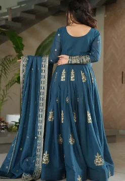Embroidered Georgette Silk Abaya Style Suit in Teal Blue