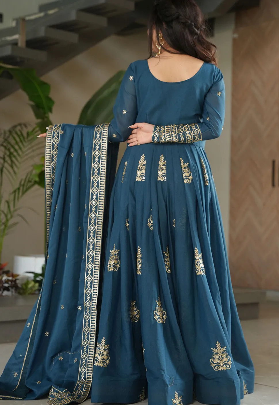 Embroidered Georgette Silk Abaya Style Suit in Teal Blue