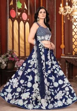 Embroidered Georgette Silk Lehenga in Navy Blue