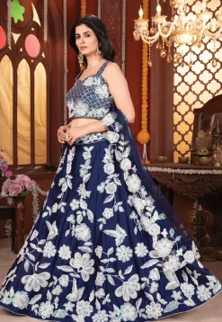 Embroidered Georgette Silk Lehenga in Navy Blue