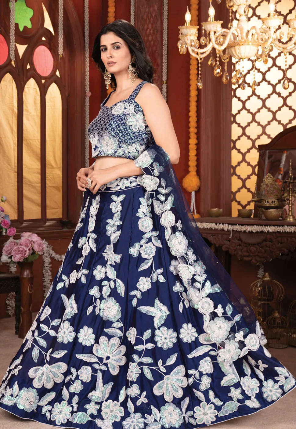 Embroidered Georgette Silk Lehenga in Navy Blue