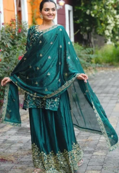 Embroidered Georgette Silk Lehenga in Teal Green