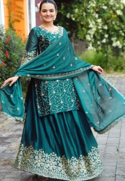 Embroidered Georgette Silk Lehenga in Teal Green