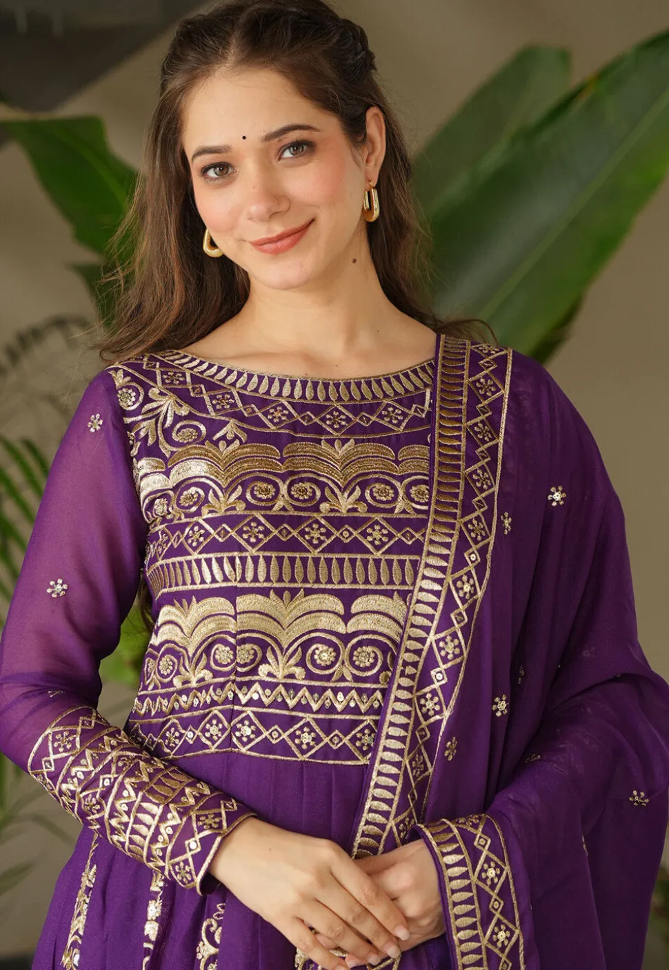 Embroidered Georgette Silk Abaya Style Suit in Purple