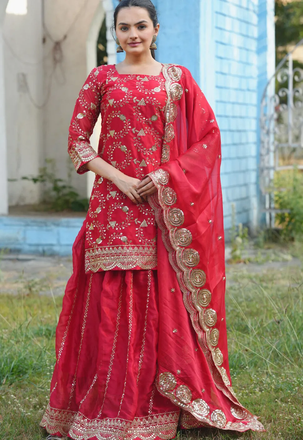Embroidered Georgette Silk Lehenga in Red