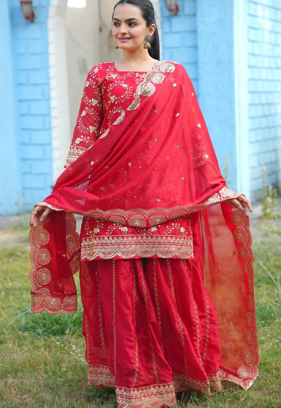 Embroidered Georgette Silk Lehenga in Red