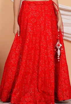 Embroidered Georgette Skirt in Red