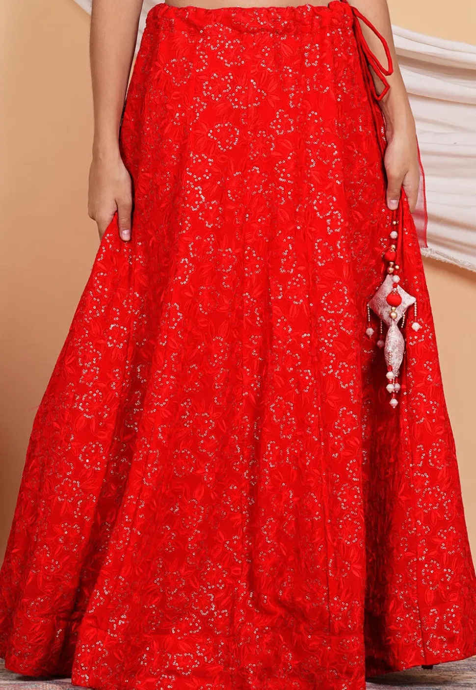 Embroidered Georgette Skirt in Red