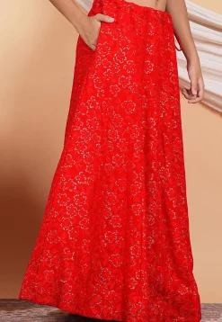 Embroidered Georgette Skirt in Red