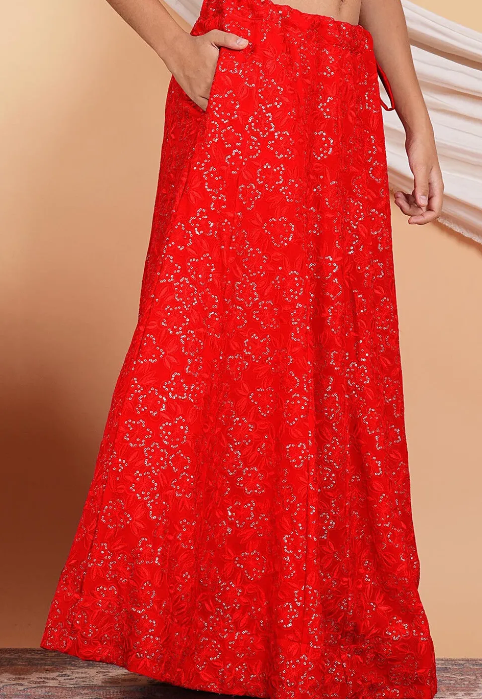 Embroidered Georgette Skirt in Red