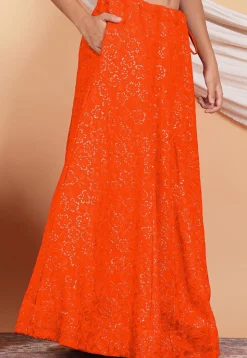 Embroidered Georgette Skirt in Orange