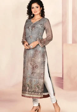 Embroidered Georgette Staright Kurta in Grey