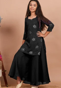 Embroidered Georgette Straight Kurta set in Black