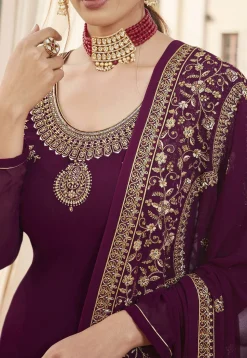Embroidered Georgette Straight Suit in Wine