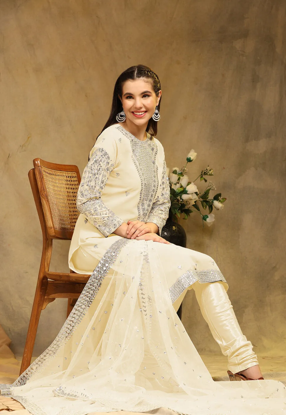 Embroidered Georgette Straight Suit in Cream