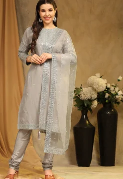Embroidered Georgette Straight Suit in Light Grey