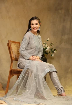 Embroidered Georgette Straight Suit in Light Grey