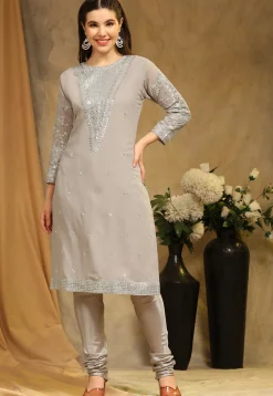 Embroidered Georgette Straight Suit in Light Grey