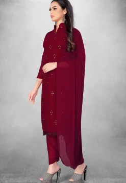 Embroidered Georgette Straight Suit in Maroon