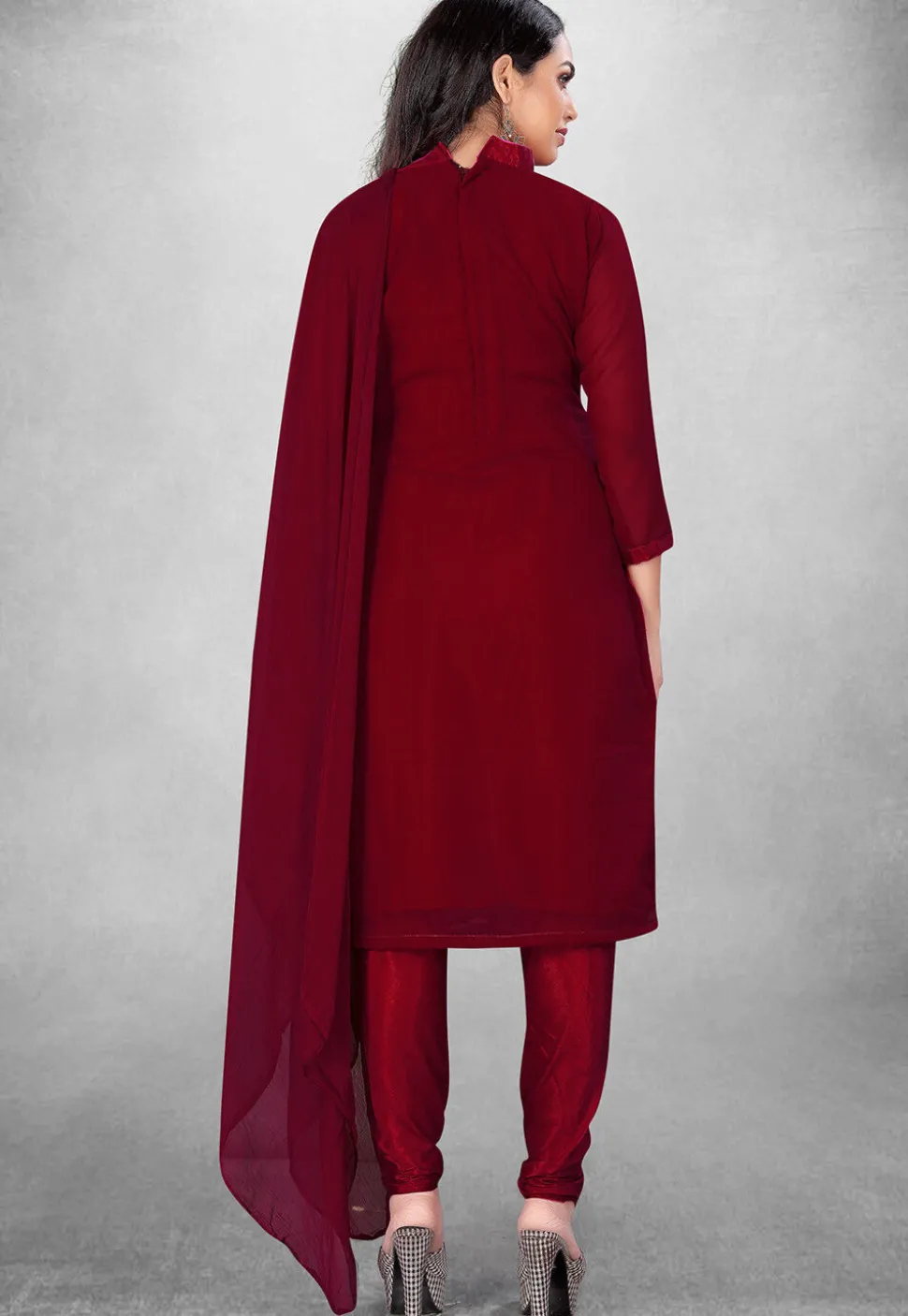 Embroidered Georgette Straight Suit in Maroon