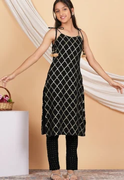 Embroidered Georgette Straight Kurta Set in Black
