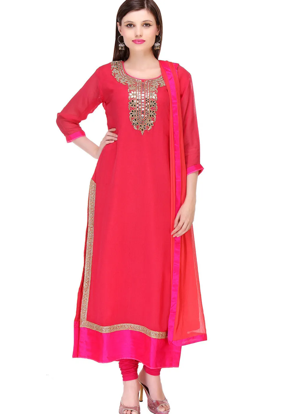 Embroidered Georgette Straight Cut Suit in Fuchsia