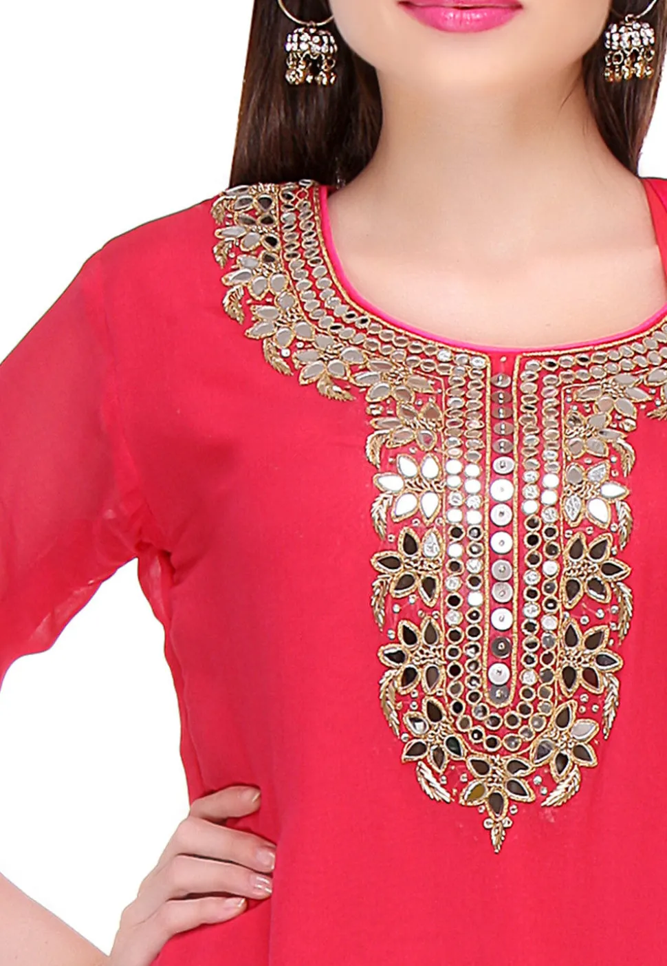 Embroidered Georgette Straight Cut Suit in Fuchsia
