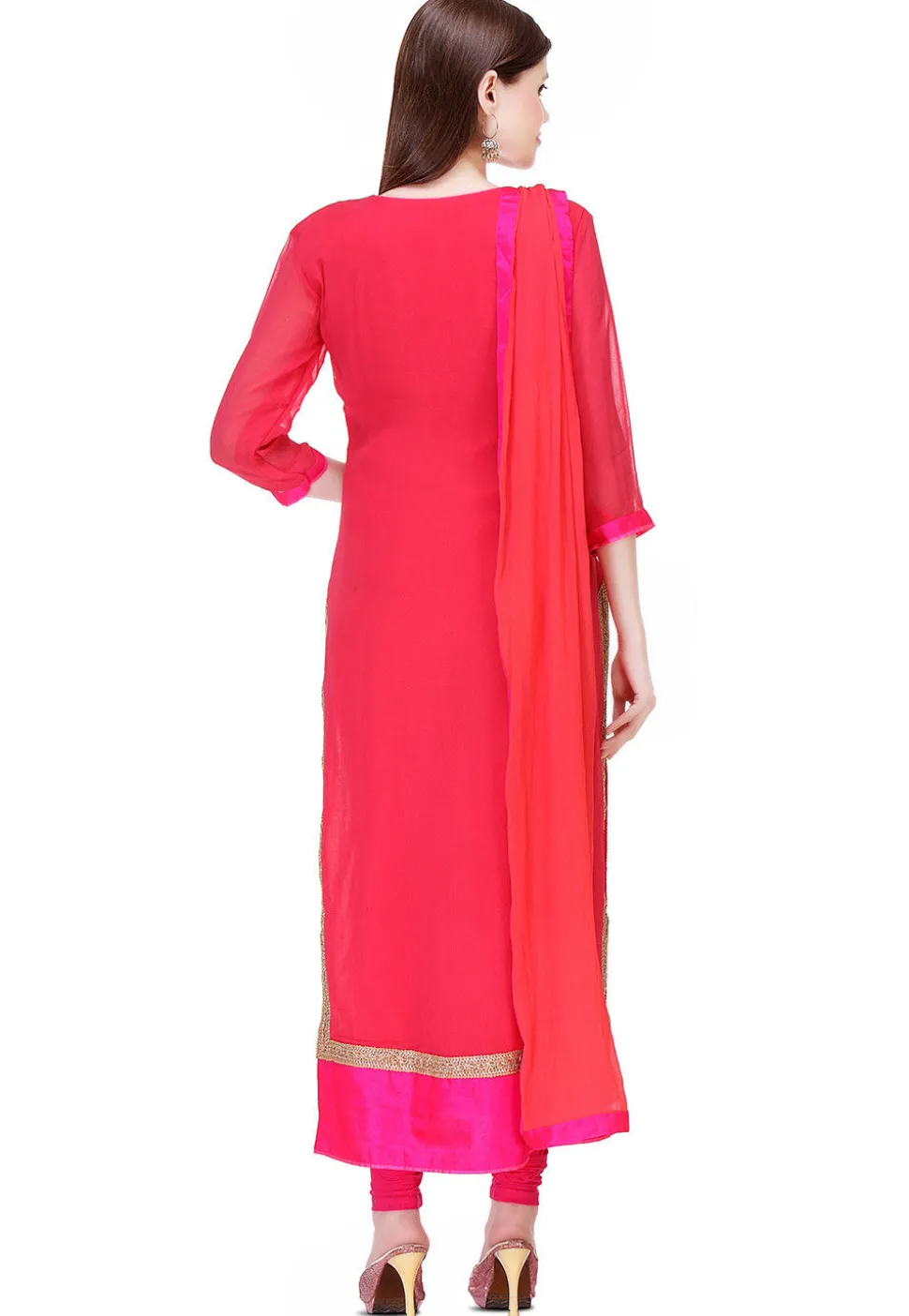 Embroidered Georgette Straight Cut Suit in Fuchsia