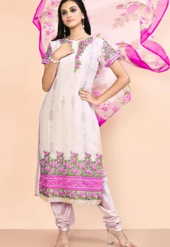 Embroidered Georgette Straight Suit in Light Beige