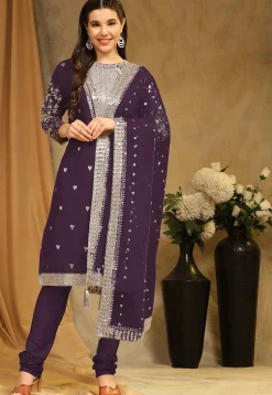 Embroidered Georgette Straight Suit in Purple