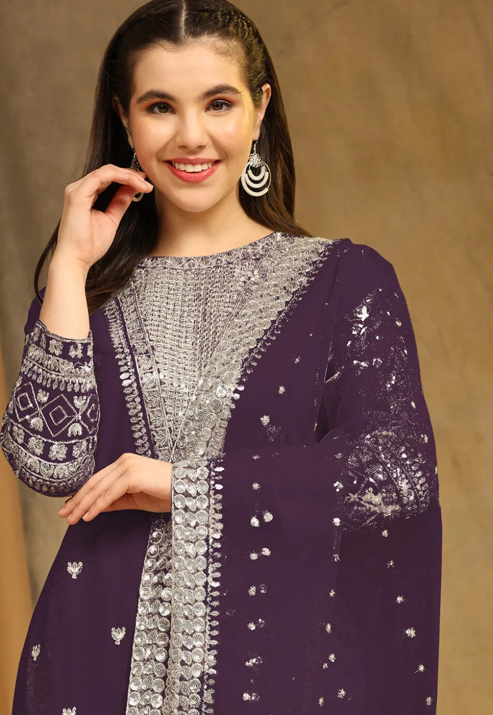 Embroidered Georgette Straight Suit in Purple