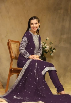 Embroidered Georgette Straight Suit in Purple