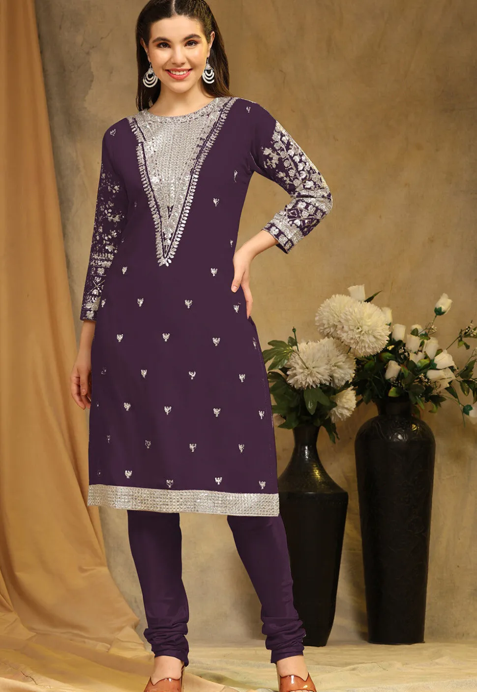Embroidered Georgette Straight Suit in Purple