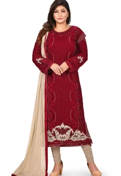 Embroidered Georgette Straight Suit in Maroon
