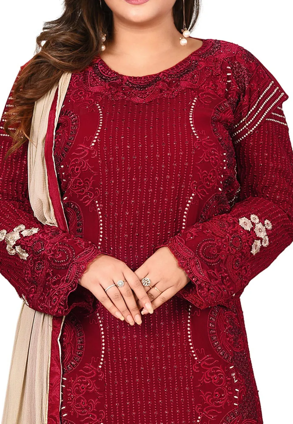Embroidered Georgette Straight Suit in Maroon
