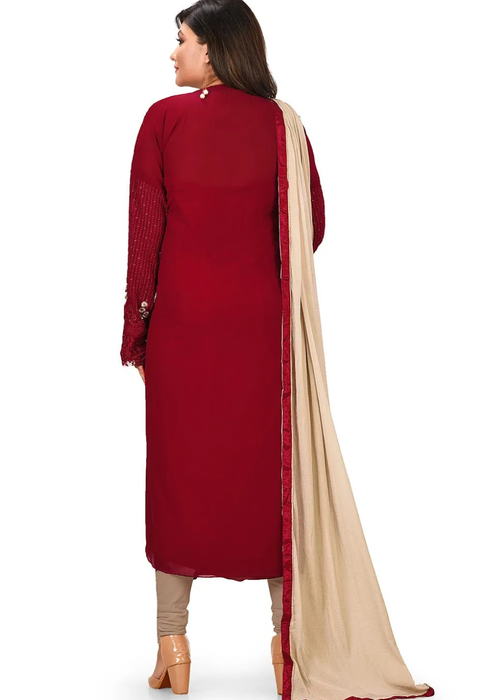 Embroidered Georgette Straight Suit in Maroon