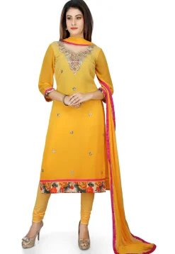 Embroidered Georgette Straight Suit in Yellow Ombre