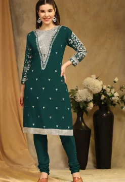 Embroidered Georgette Straight Suit in Teal Green