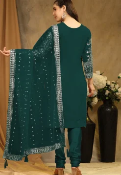 Embroidered Georgette Straight Suit in Teal Green