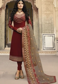 Embroidered Georgette Straight Suit in Maroon