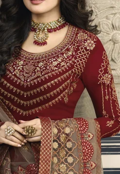 Embroidered Georgette Straight Suit in Maroon